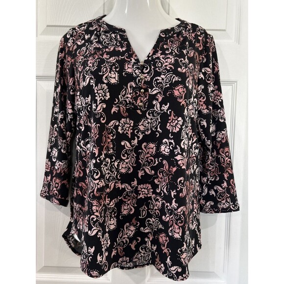 Dana Buchman Tops - Dana Buchman Stretch Knit Tunic Career Wear Blouse Top Black & Pink Women's L